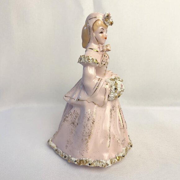 Lefton Vintage Victorian Lady Figurine Pink & Gold Spaghetti Trim K8572P 1950s - Picture 6 of 10